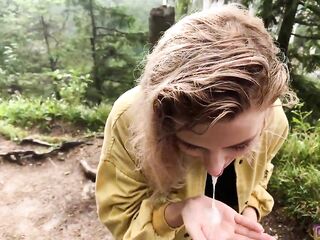 Breasty teen swallows cum after public blow job - Eva Elfie