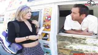 Blonde eighteen year mature with small breasts wears a skirt and getting pick up