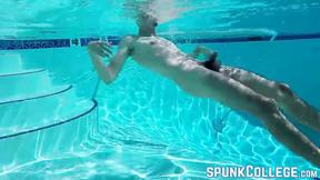 ”Bushy  man jerks off his big wet dick poolside”