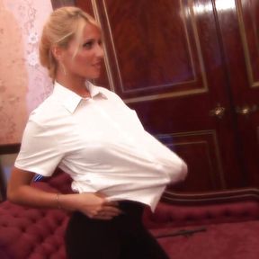 Two butlers start an anal threesome with their blonde milf boss in which they DP and creampie her