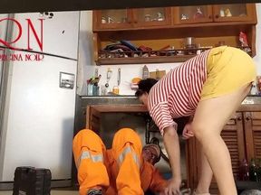 Housewife, Plumber and Cuckold Husband at the Kitchen. Scene 1