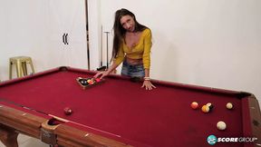 Older MILF plays with her pussy on pool table