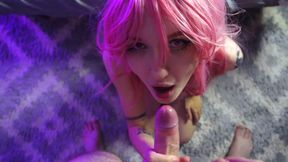 A chick in a cosplay costume gets plenty of cum on her face.