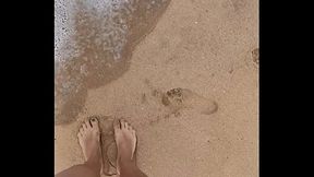 Solo girl pees on public beach, foot fetish play with lesbian friend