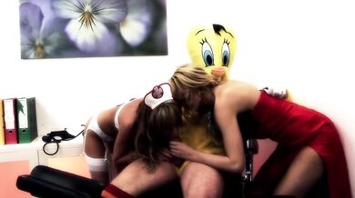 Nurse rides the doctor’s blonde in a tight costume