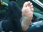 I DARE YOU TO LICK THEM AS YOU WALK BY - RIPE SMELLY BOOT FEET OUT CAR WINDOW - MANLYFOOT 🚙 🦶