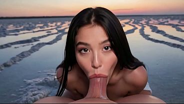 Petite Asian Trang enjoys a naked session on the sunset salt flats