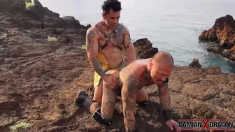 Tattooed muscle hunk Damian Dragon barebacks Asian Kemono Dragon outdoors