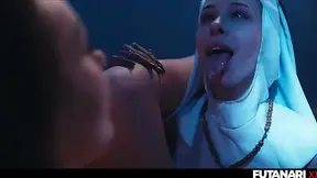 Futa nun Karina King gives a deepthroat sucking to Nata Gold's fake member