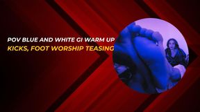 POV blue and white gi warm up, kicks ballbsuting and footjob