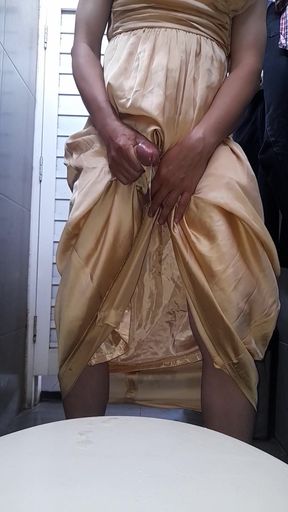 Satin Gold Long Dress Masturbation Cum   Clip 3