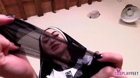 Horny nun takes pantyhose off and make you to wank