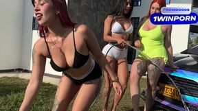 Slutty red-haired Latina Andrea Pardo and friends get kinky in outdoor public setting