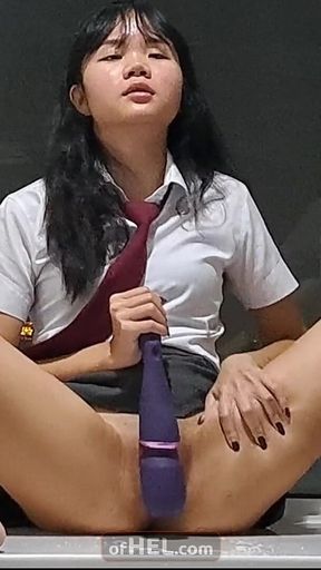 Asian College Girl Plays with Her Magic Wand and Squirts