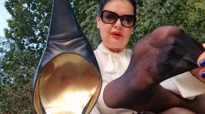 Foot slave training in the park - worn shoes, sweaty stocking feet