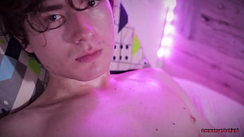 Hot twink Posho Kokichi jerking his cute uncut cock with oil until he shoots a nice cum load
