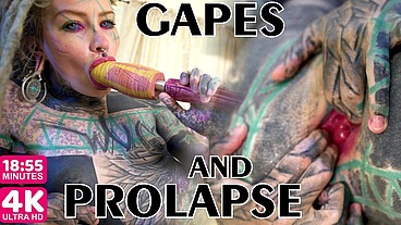 TATTOO girl masturbating, fingering her pussy and ass, fucks her ANAL with a toy and GAPES prolapse (goth, punk, alt porn) ZF070