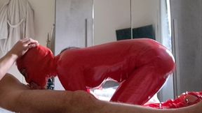 milf in latex catsuit gives blowjob and swallows cum