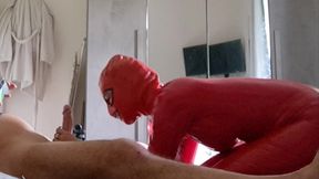 milf in latex catsuit gives blowjob and swallows cum