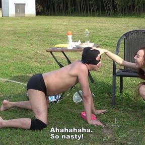 Risa trains her slaves in public and foot worship domination