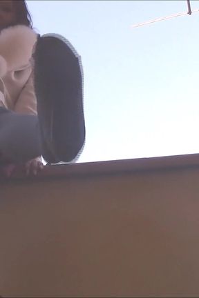 Dangling in Grey Pantyhose and Ballet Flats with Chains