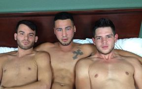 Sensual men swap a dick in restless threesome and come on the guy's ass