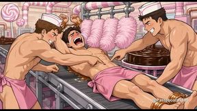Glued To The Candy Factory Conveyor, Candy-Floss Brushes On His Belly And Ribs (2D Anime)