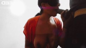 Midget woman in peach dress engulfs BBC while blindfolded