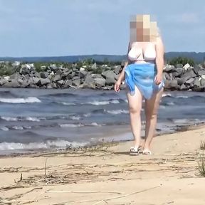 Hot Mom on the Beach in White Swimsuit