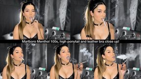 Marlboro Menthol 100s, high ponytail and leather bra close up!