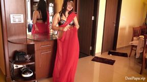 Indian Bhabhi In Red Sari Striptease Show