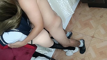 Fucking without a condom with a cute Japanese woman with a nice ass and huge cosplay tits