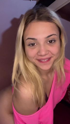 Teeny bopper shows off her perky tits in a group setting