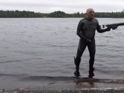 horny silicone masked exhibitionist has quick cum in lake