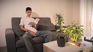 Hot Twink Magic C Gets Turned on by His Book Jerks with Spit and Shoots a Thick Load Handsfree Out of His Pulsating Cock