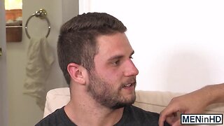 Gay slut strokes his dick while gagging on a rock hard cock