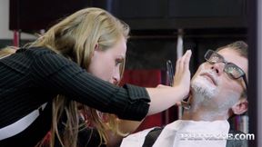 Lady Bug comforts angry client with her tight holes in barber shop