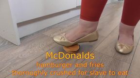 McDonalds hamburger and fries thoroughly crushed for slave to eat