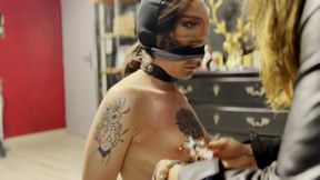 Heavy nipple clamps on skinny slave girl - LEZDOM and PAIN