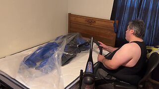 Dec 4 2022 – vacuum sealed in bdsm bondage with my pvc overall in slvrbrboy1s blue pvc coveralls.