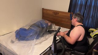 Dec 4 2022 – vacuum sealed in bdsm bondage with my pvc overall in slvrbrboy1s blue pvc coveralls.