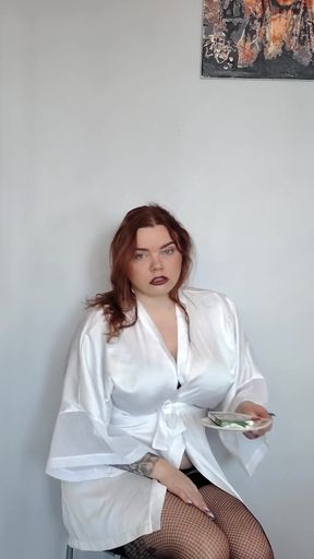 Casting. Smoking Busty Secretary Candidate Does a Striptease and Pees on the Floor.