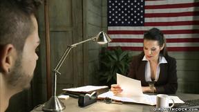 Corrupted big boobed Tranny agent bangs man