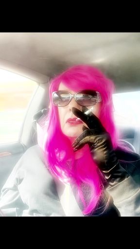 Mrs. Roman TG with Pink Hair and leather gloves smoking VS120s Menthol driving CD mature ladyboy smoking fetush