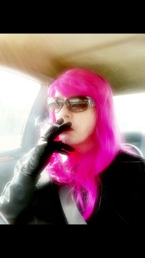 Mrs. Roman TG with Pink Hair and leather gloves smoking VS120s Menthol driving CD mature ladyboy smoking fetush