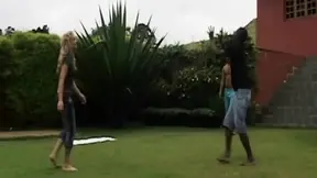 Busty blonde MILF takes a massive black cock outdoors