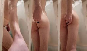Hot young horny twink trying his new sex toy in the shower