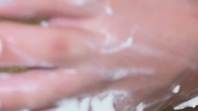 20 Year Old Girl - Beautiful Feet with Painted Nails Covered in Whipped Cream + Simulated Handjob with Can - Foot Fetish 4K