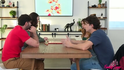 Family GF gives sloppy blowjob during game night