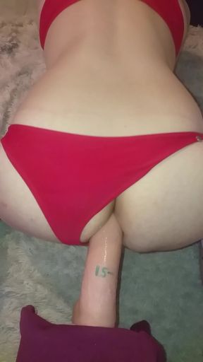 French femboy guy moans and destroys his asshole with a 22 cm dildo in lingerie, dirty talk, insults, huge dildo,